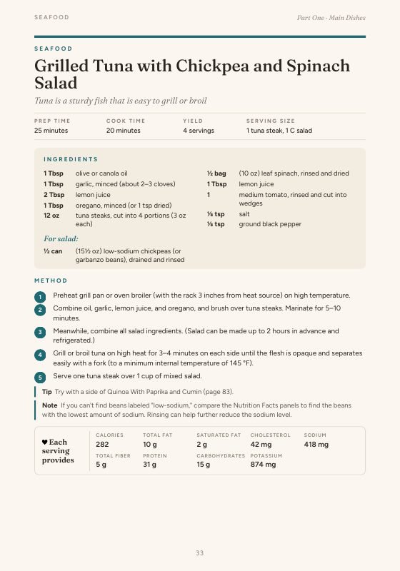 Recipe page: Grilled Tuna with Chickpea and Spinach Salad