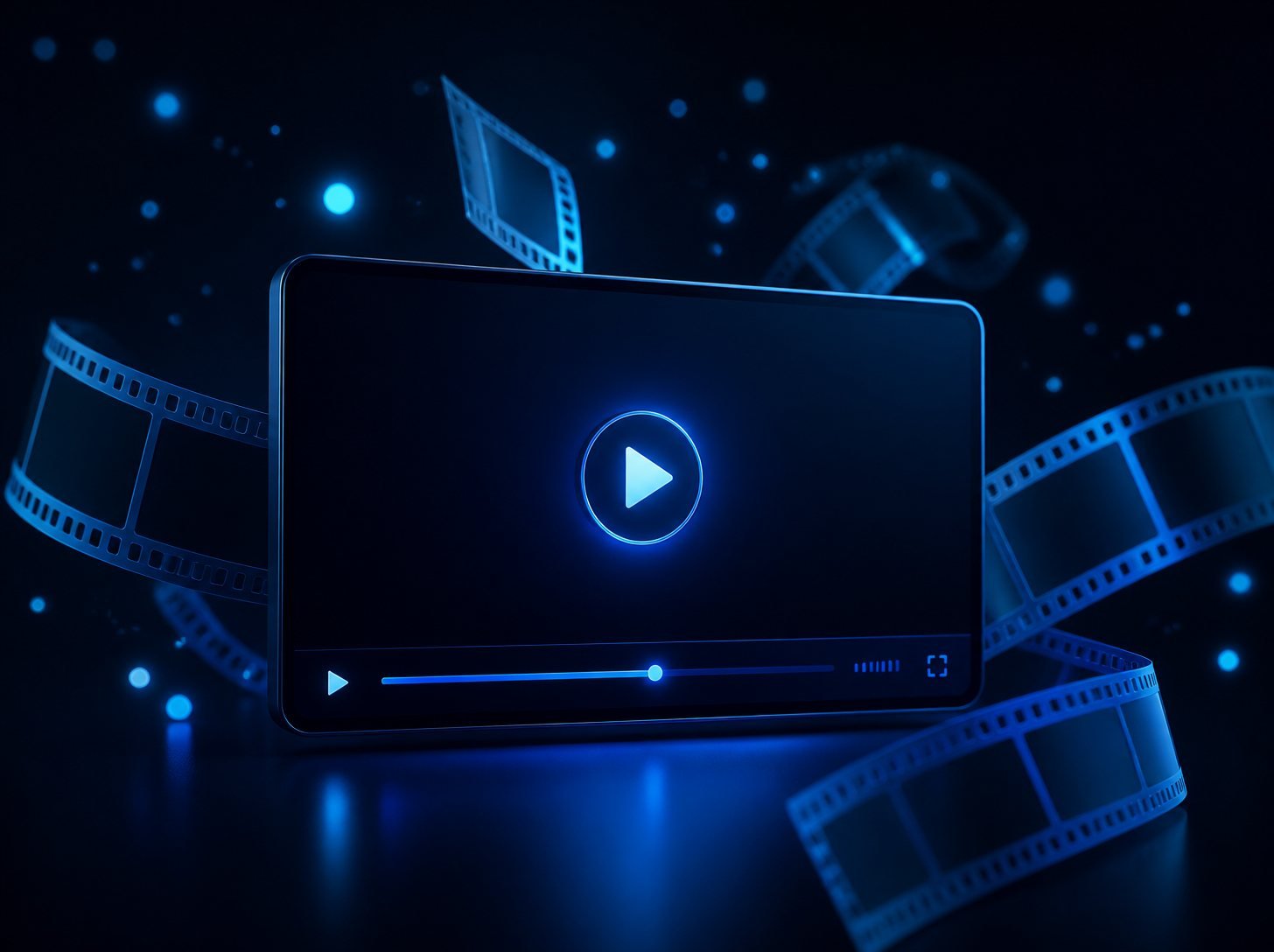 A video screen surrounded by film frames in blue light